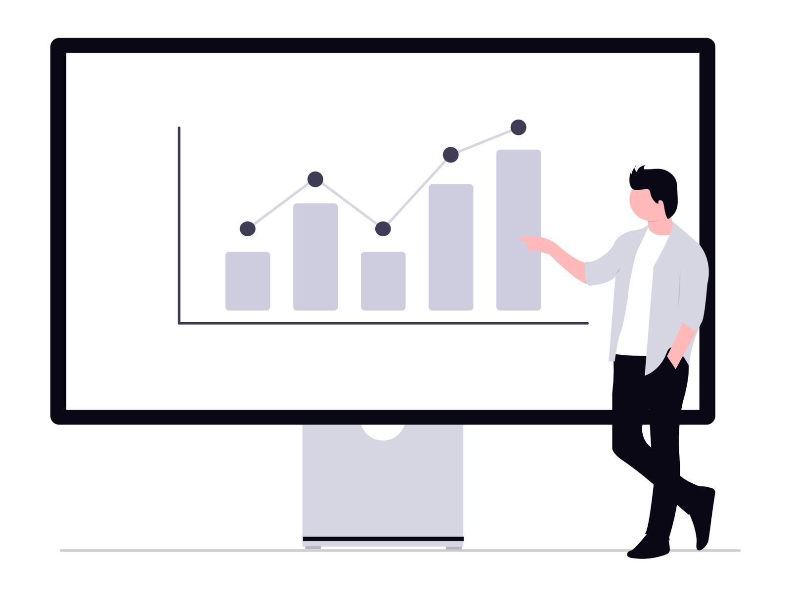 Hombre señalando un gráfico en un monitor, para ilustrar los resultados de una calculadora Alicia