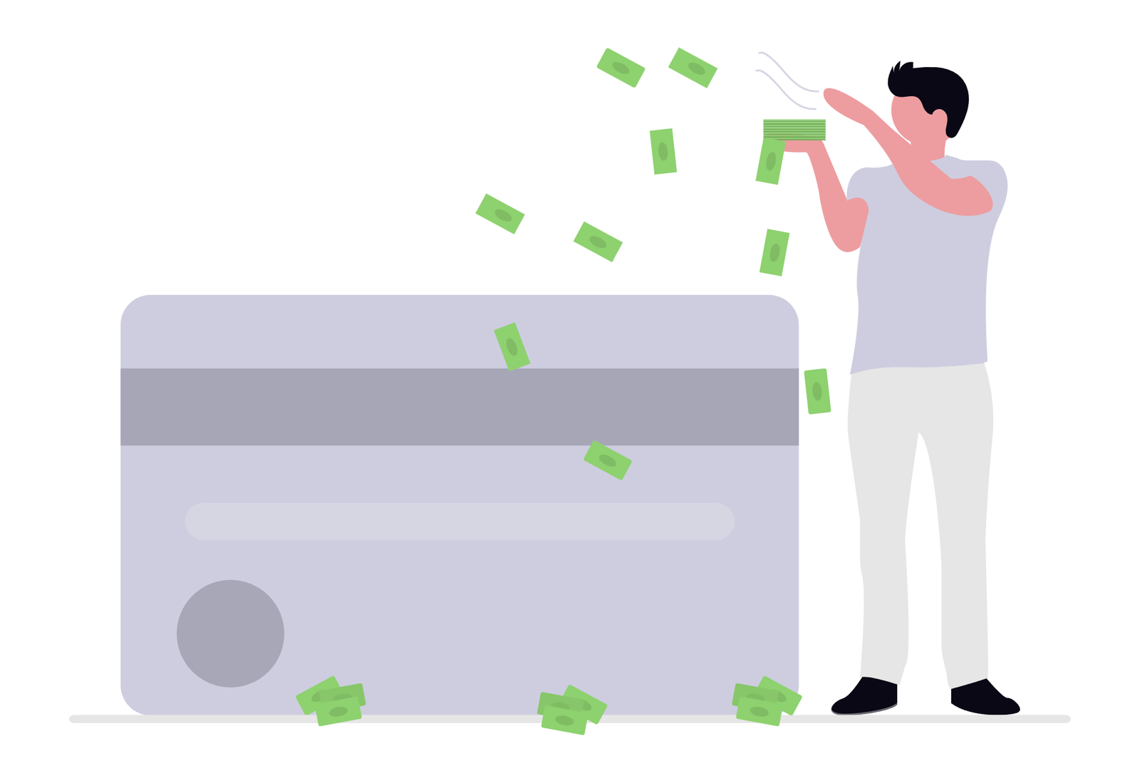 Man tossing cash beside an oversized credit card, illustrating paying off credit card balances with a debt consolidation loan