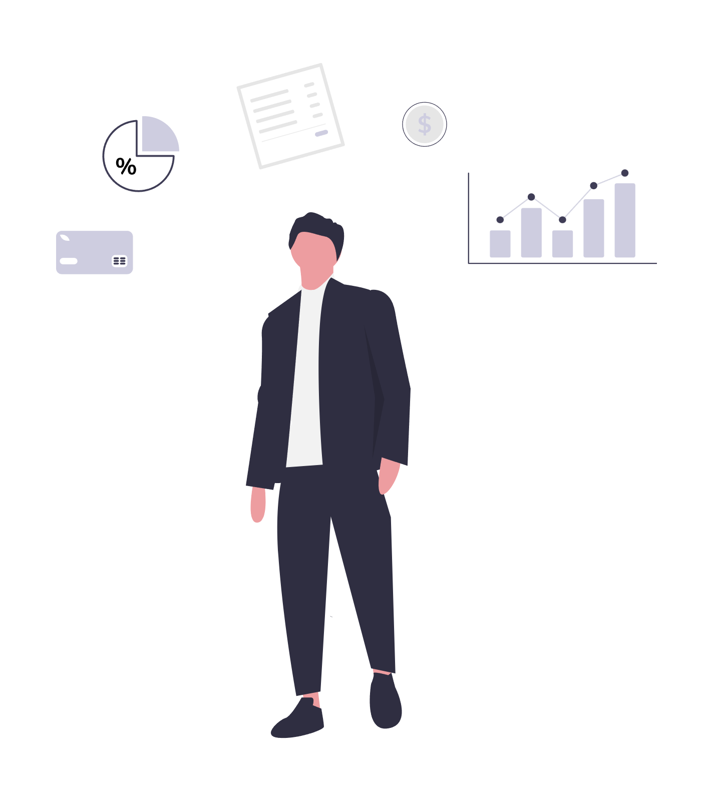 Calculadora IRPF: hombre rodeado de iconos de gráfico circular con porcentaje, factura, moneda y gráfica de barras, que representan los tramos y las retenciones