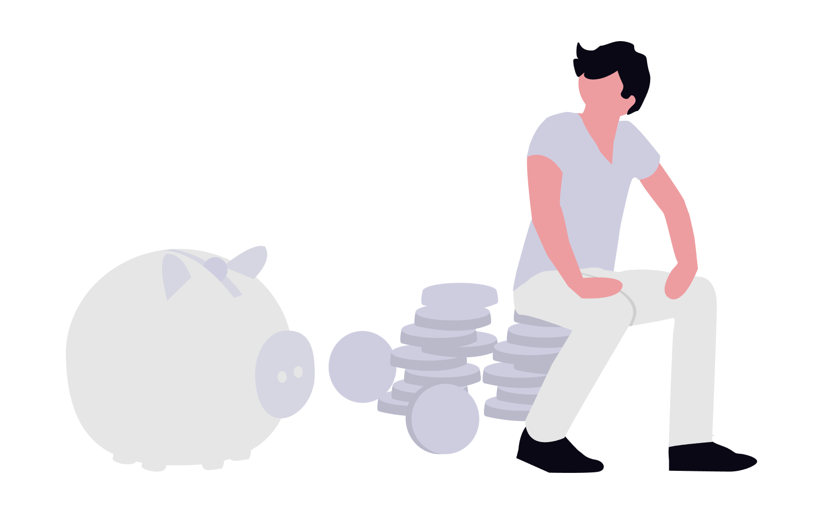 Simulador hipoteca: hucha y montones de monedas junto a una persona sentada, ahorro para la entrada y los gastos de la hipoteca